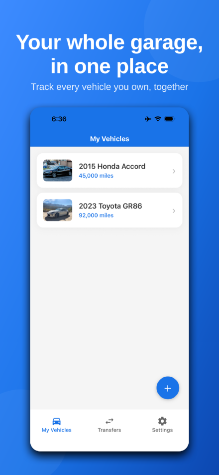 Lugbook garage screen listing your vehicles