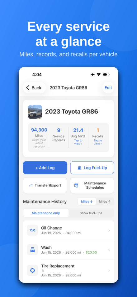 Vehicle screen with service history and reminders
